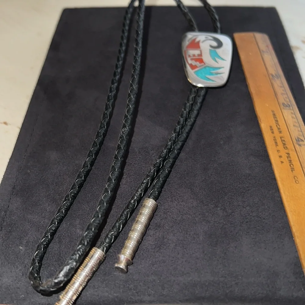 Unsigned silver tone turquoise & coral western bolo tie